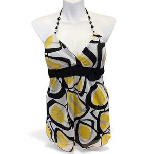 Vanity Women XL Y2K Babydoll Black Yellow White Geometric‎ Halter Beaded Strap